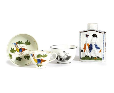 A STAFFORDSHIRE PEARLWARE POTTERY 'MACARONI' TEA CADDY EARLY 19TH CENTURY painted with Pratt colours and relief moulded with 