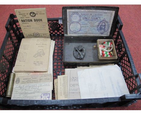WWII Interest British Army Cap Badges, German Army Infantry Assault badge, trench art and ephemera relating to the service of