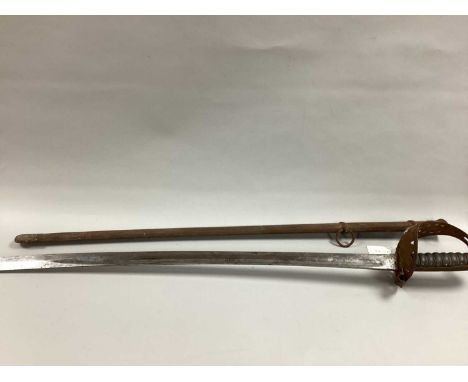 Victorian British Army Sword with curved single fullered blade, basket guard with crown motif and wired fish skin grip. Numer