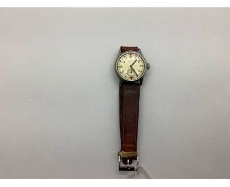 WWII British Army Trade Pattern Moeris Watch With Leather Strap, marked on the rear of the case with broad military arrow A.T