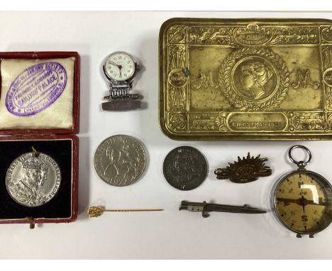 WWI 1914 Princess Mary Gift Fund Brass Box, with Hill 60 bayonet brooch, Australian Army lapel collar badge, various medallio
