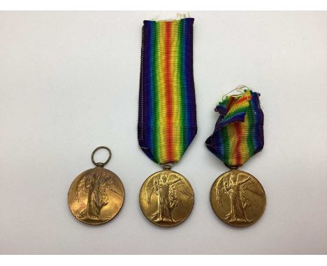 WW1 British Medals comprising Victory Medal awarded to 141724 SPR J W BARTLETT R E, Victory Medal awarded to 3-4822 PTE S A T