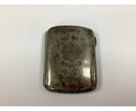 WWI Interest, British Army Highland Light Infantry silver cigarette case, regimental crest on front with 18th (S) HLI and ins