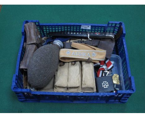 Selection of reproduction Third Reich items including Hitler Youth dagger, insignia, water bottle and bread bag. Plus Swiss a