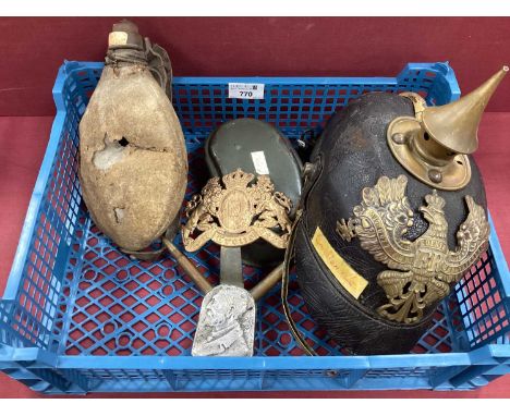 WW1 interest Imperial German suspected battlefield finds including damaged Prussian Pickelhaube, water bottle with bullet hol
