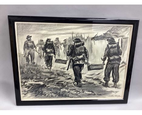 Arthur Ward (English 1906-1995) Charcoal/Pencil Sketch British Soldiers Carrying Ammunition (approximately 52 cm x 39 cm).