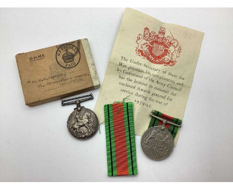 WWI Victory Medal, awarded to 87468 PTE R W NICHOL NORTH'D FUS and WW2 Defence Medal with original box.