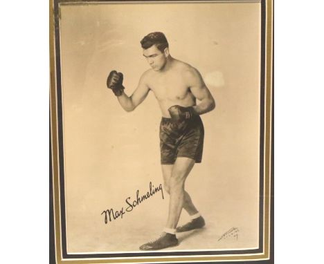 Boxing: framed montage bearing Max Schmeling autograph with CoA from Autograph Art, overall 50 x 40 cm. P&amp;P Group 3 (£25+