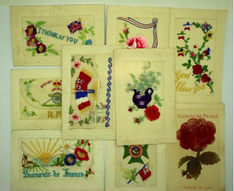 Nine WWI military sewn postcards including Royal Flood Artillery and Kings Rifle Corps. P&amp;P Group 1 (£14+VAT for the firs