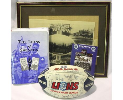 Collection of Swinton Lions Rugby Club items to include complete history book, framed and glazed picture of Victoria Park, si