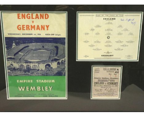 Framed England v Germany 1954 programmes and ticket. Not available for in-house P&amp;P, contact Paul O'Hea at Mailboxes on 0