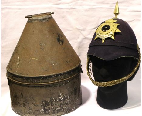 Victorian British Blue Cloth Helmet in original carry tin. P&amp;P Group 2 (£18+VAT for the first lot and £3+VAT for subseque