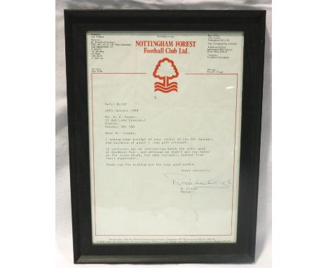 Framed Nottingham Forest letter signed by Brian Clough January 1988 (A4 size). P&amp;P Group 3 (£25+VAT for the first lot and