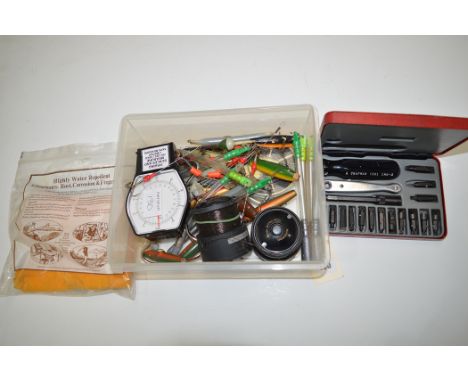 A gun screwdriver set in fitted case by Chapman Tools; and a box containing fishing lures, scales, etc.