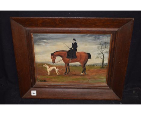 J*** C*** Davison - a portrait of a woman mounted on a bay horse with a greyhound nearby, signed, gouache on paper, 27.5 x 35