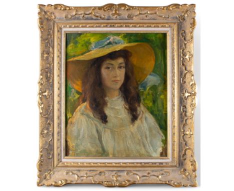 Jacques Martin (French, 1844-1919) Portrait of a girl in a white dress Oil on canvas Inscribed 'Jacques Martin' verso Inscrib