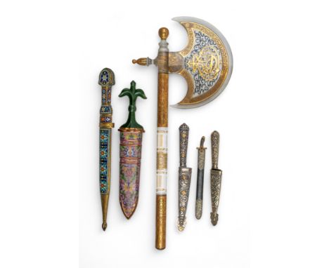 A group of five various daggers and a glass axe To include: [a] Early 20th century, A cloisonné enamel and nephrite handled k