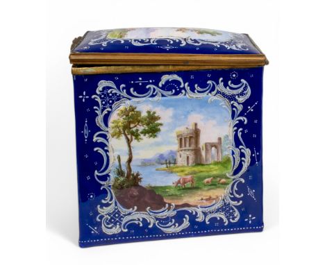 18th century A Staffordshire enamel rectangular caddy box, decorated in enamel with pastoral scenes on a blue ground. With Ro