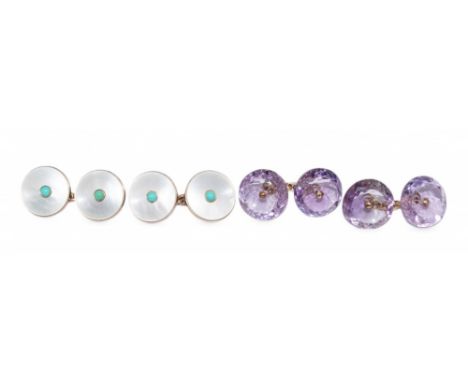 Two pairs of cufflinks One pair amethyst and gold cufflinks, and the other pair a mother and pearl turquoise cufflinks.