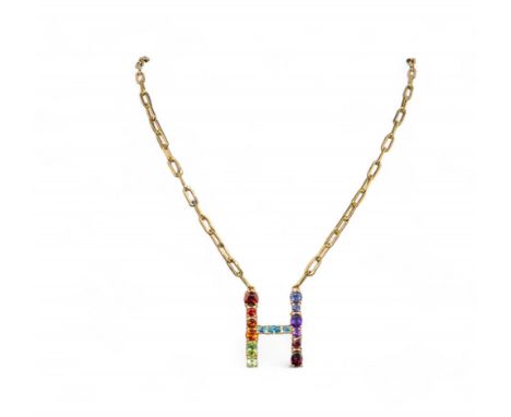 A mixed lot of necklaces To include: [a] A multi gem set 'H' pendant necklace in yellow metal, set with amethyst, blue topaz,