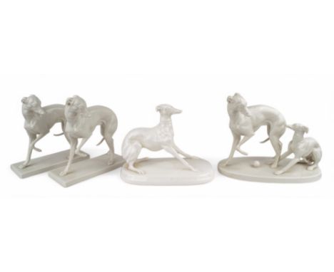 Antique A set of four porcelain Italian Greyhounds [a] An Italian Greyhound stretching, stamped and signed Michael Sutty bene