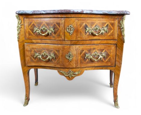 French Louis XV, mid-18th century&nbsp; A two drawer parquetry inlaid commode, gilt bronze mounted and marble top  Property o