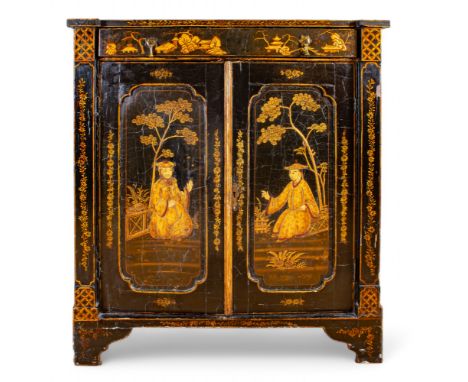Chinese Late 18th/Early 19th century Black lacquered side cabinet Decorated in chinoiserie&nbsp; Enclosed by two doors, each 
