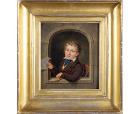 Johann Heinrich Wilhelm Tischbein (German 1751-1829) A boy with sketch, in a stone window Oil on bevelled panel Signed indist