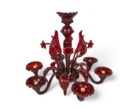 20th century, Murano A red chandelier with floral inserts and six wired lights Together with an extra floral glass piece. &nb