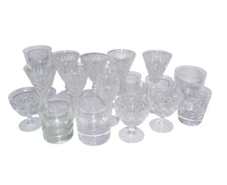 A mixed lot of glassware To include: [a] An engraved goblet [b] A pair of cut glass sherry glasses [c] A pair of Waterford tr