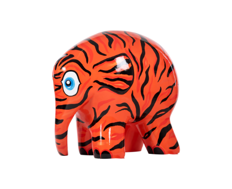 Tigelephant is a playful tiger interpretationof Elmer, a bright, bold and joyous characterwith beautiful eyes. Like elephants
