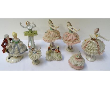 TWO DRESDEN CRINOLINE FIGURINESof ballet dancers, 7.5cm high, two similar Sitzendorf ballet figurines, 15cm high and seven ot