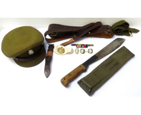 ROYAL ARMY ORDNANCE CORPS INTERESTincluding an officers hat, three RAOC badges, a Sam Browne belt, medal ribbon bar, wrist st