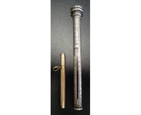 VICTORIAN SAMPSON MORDAN SILVER RETRACTABLE COMBINATION PEN AND PENCILwith engraved scroll decoration overall and stone set f