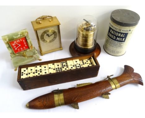 MIXED LOT OF COLLECTABLESincluding a set of postal scales, wooden chess pieces, a boxed bone domino set, a gentleman's walkin