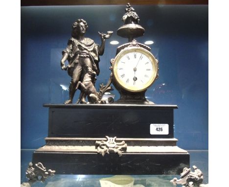 19th Century French Black Slate and Bronzed Spelter Cased Mantel Clock, the case surmounted with a figure of a young boy with