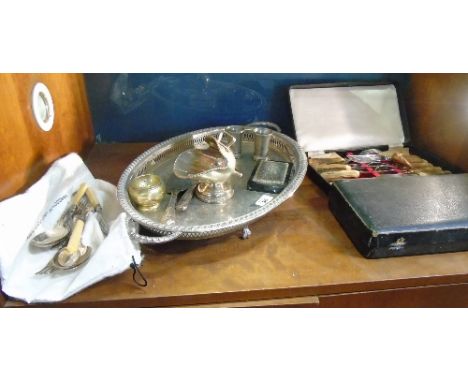 A Silver Plate Oval Galleried & Footed Serving Tray, along with a selection of flatware, etc.