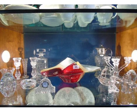 A Large Studio Glass Fruit Bowl together with An Etched and Plated Wine Decanter and further crystal and glass. (shelf)