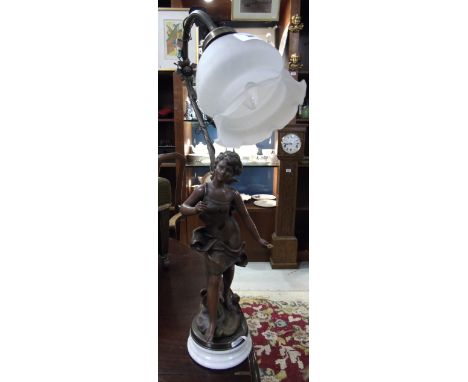 An Early 20th Century Bronzed Figural Table Lamp with opaque glass shade.