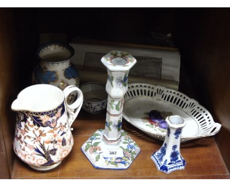 A Collection of Assorted Items to include a Majolica candlestick, a jug in Imari colours, a fine bone china vase, a German bo