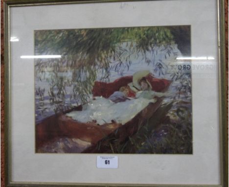 A Coloured Print after John Singer Sargent, Woman Asleep in a Punt under the Willows.