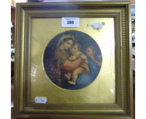 A Painting of The Holy Family, framed, possibly an overpainted print. Diam. 5ins.
