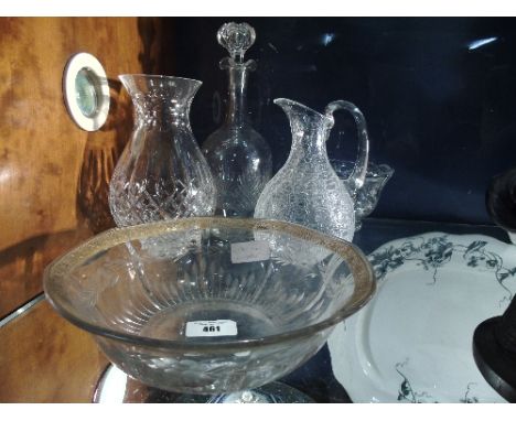 A 19th Century Bowl with Gilt Rim, together with a decanter and stopper, speckled glass jug, vase & bowl.