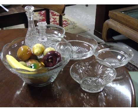 A Waterford Crystal Decanter & Stopper, together with four early 20th century glass bowls, a further fruit bowl with ceramic 