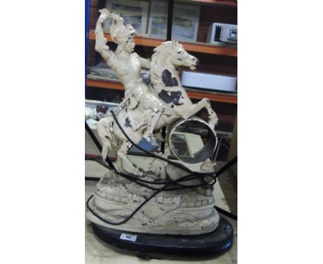 A Metal Figural Lamp of a Knight on Horseback along with a fire screen, an old top hat etc. (under table).
