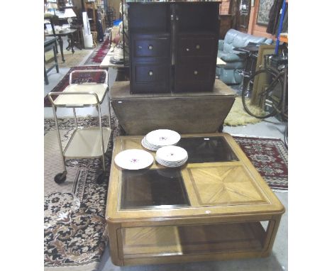A Collection of Furniture to include A Retro Square Coffee Table with quarter veneered  sections alternating with glass, alon