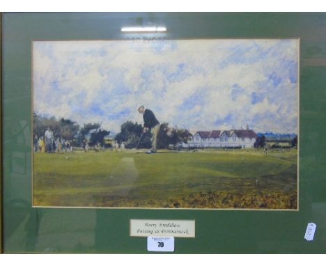 Harry Bradshaw 'Putting at Portmarnock' Coloured Print, with dark green mount and gilt coloured frame.