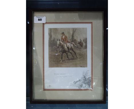 A Snaffles Print, Titled  Merry England, circa 1927. Depicting a rain drenched sportsman aboard a mud splattered Grey.