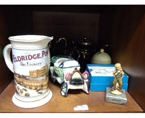 A Shelf of Items to Include a Gibsons Teapot & Two Jugs, brown speckled ground with gold leaf decoration and handles along wi