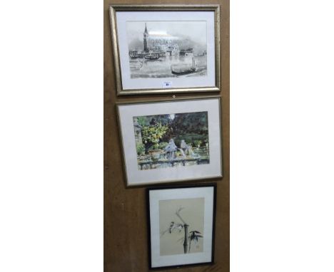 A Colour Print after John Singer of a Fountain, a Japanese watercolour of two birds on a branch and a Venetian scene watercol